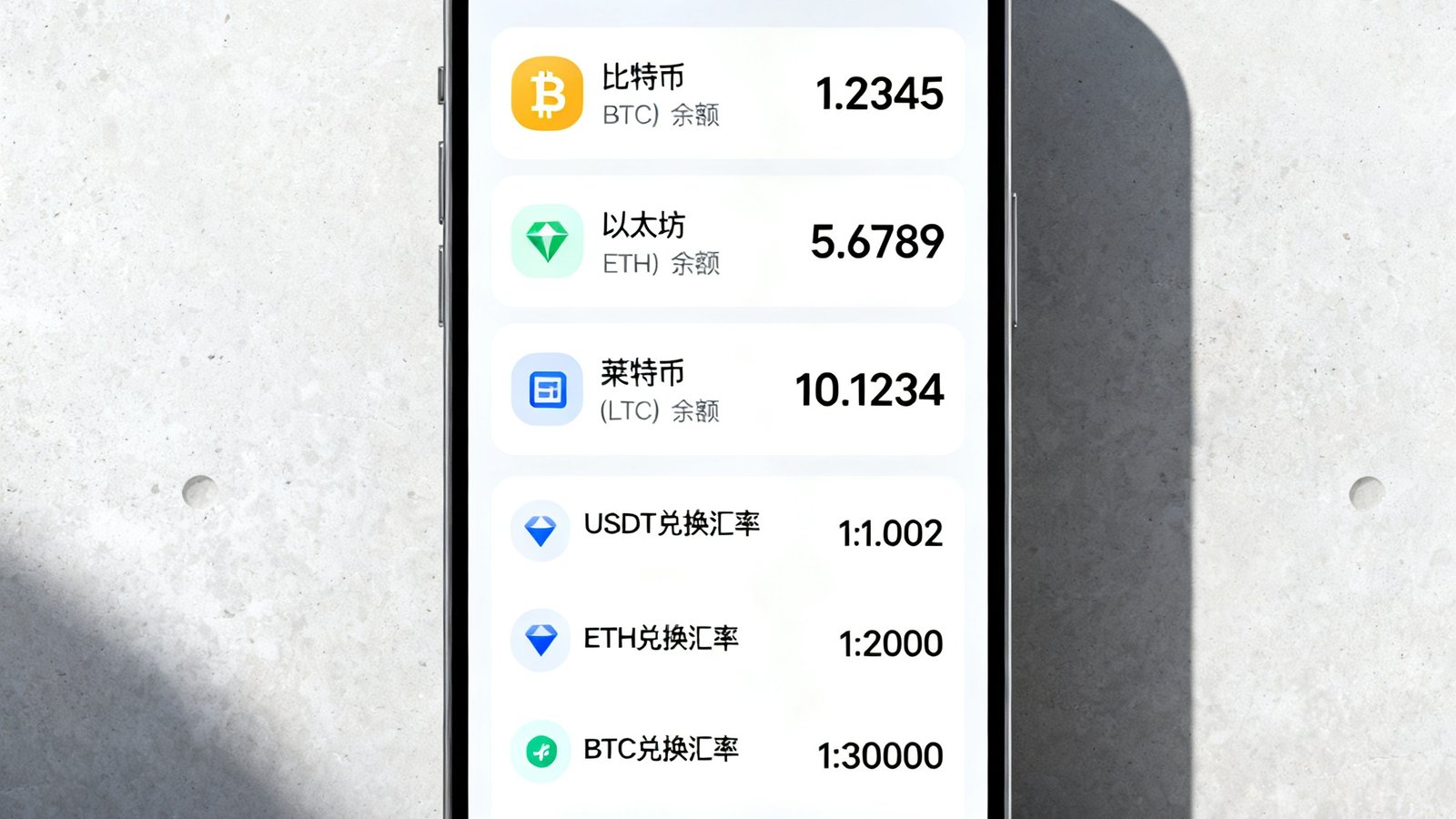 MK体育数字钱包功能手机界面展示，显示多种加密货币余额和实时兑换汇率，UI设计简洁现代