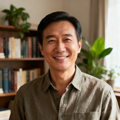 一位35岁男性用户的正面半身照，穿着休闲衬衫，背景为家中书房，面带满意微笑