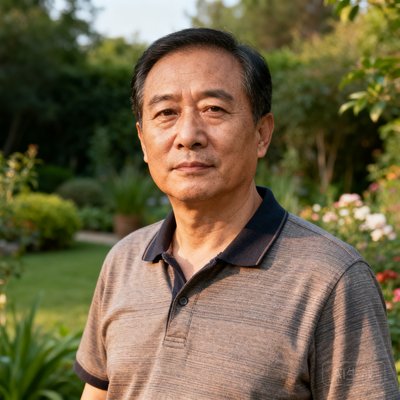 一位42岁中年男性用户的半身照，穿着polo衫，站在户外花园中，神情沉稳自信